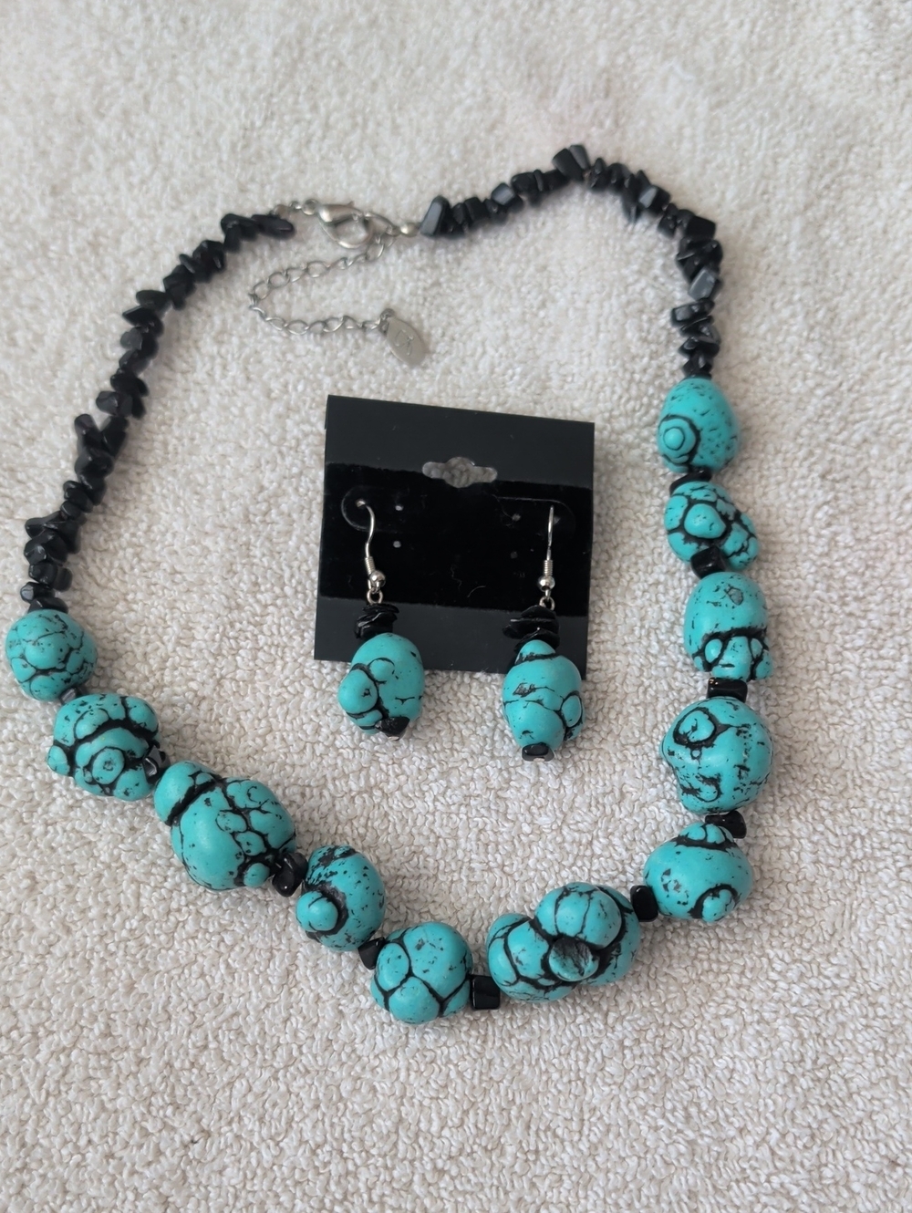 Turquoise-Patterned Bead Necklace and Earring Set - Blue Accent Jewelry